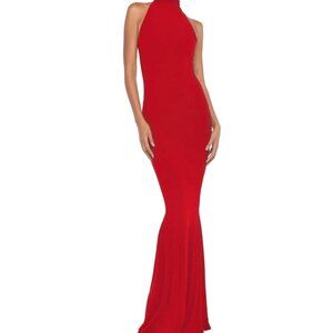 Norma Kamali Halter Turtle Fishtail Gown Size M Red